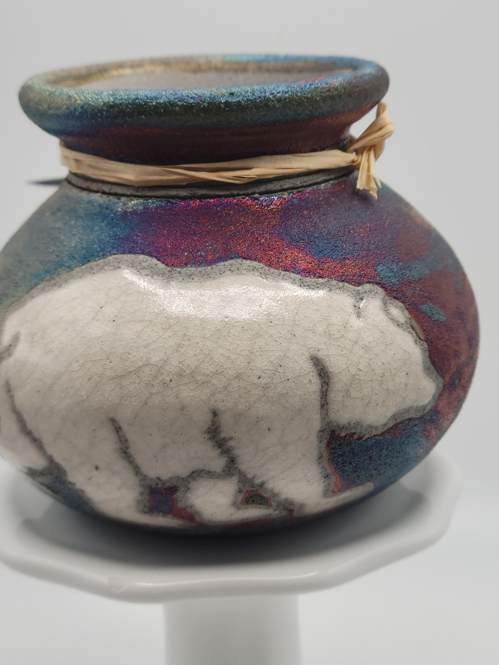 J Diller Artist Signed Small Raku Potteryworks Vase Grizzly Bear New with Tag 3"